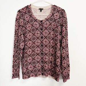 Talbots Cardigan Sweater Womens Large Red Black Button Front Metallic Knit Boho